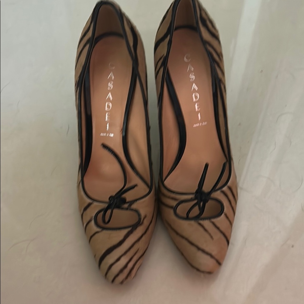 Casadei Tan and Black Striped Heels
